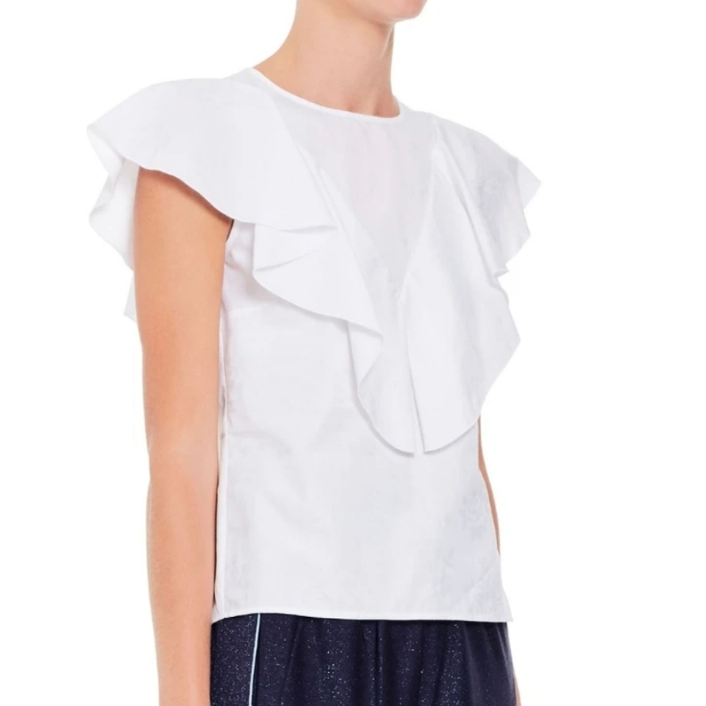 Golden Goose Isabella White Floral Print Jacquard Ruffled Top Size L Lar…